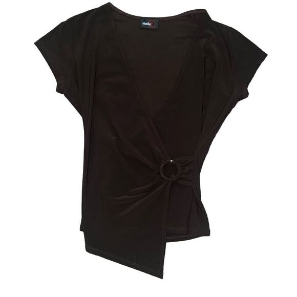 STUDIO Y Vintage Brown V-Neck Faux Wrap Top Size M - Picture 1 of 8